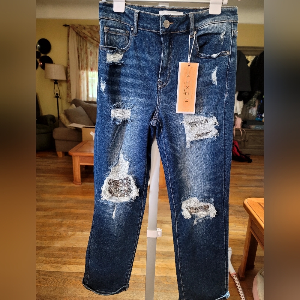 NWT Risen Distressed Sequin Jeans, Size 9